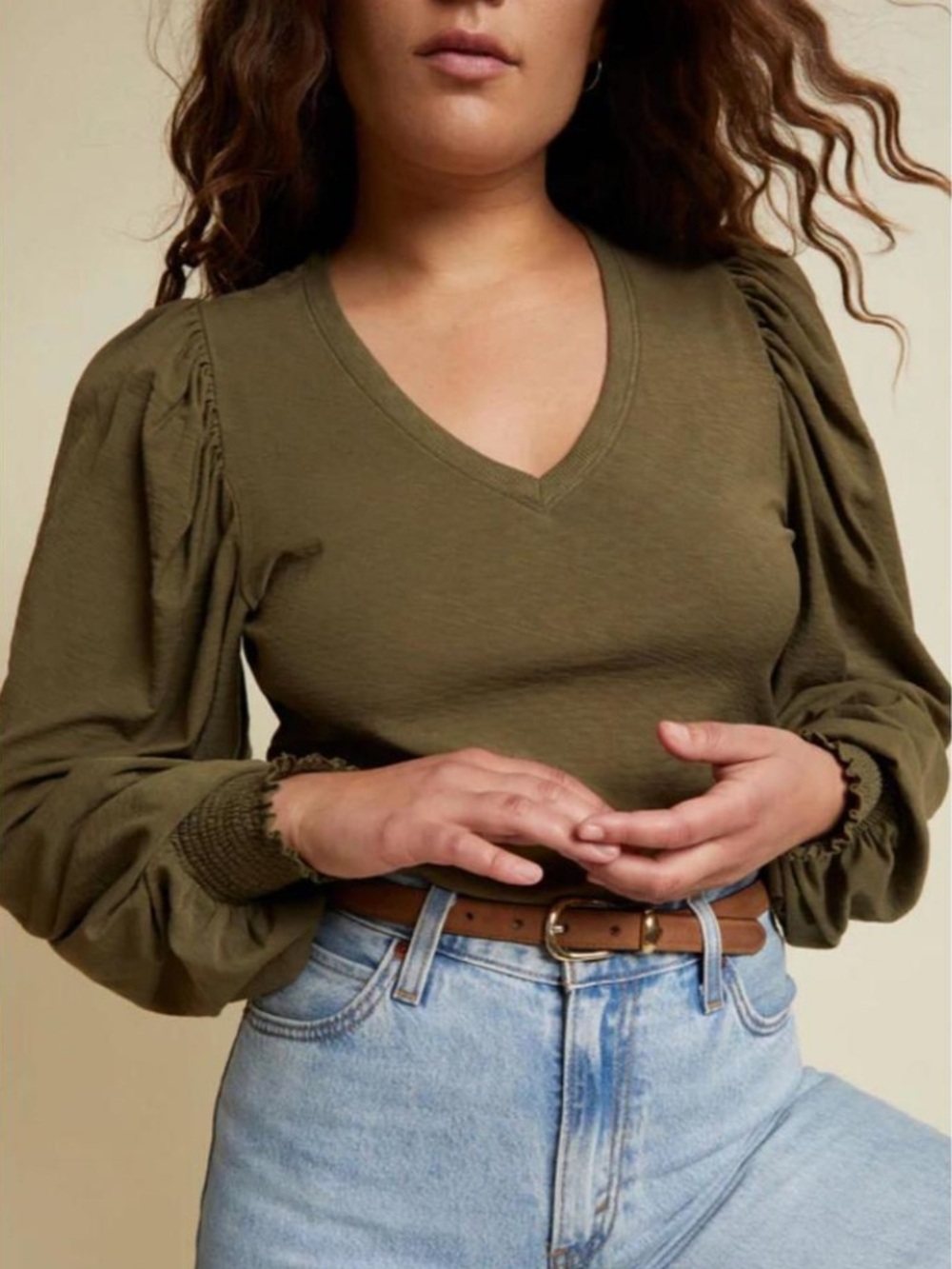 Nation LTD | Women’s Olive V-Neck Tabitha Puff Sleeve Top Smocked Sleeve Hems M